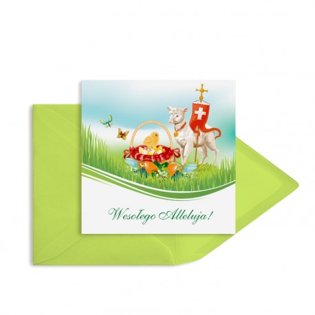 Kartki wielkanocne religijne "Wielkanocny Baranek z Kurczaczkiem" z kopertami dedykowanymi